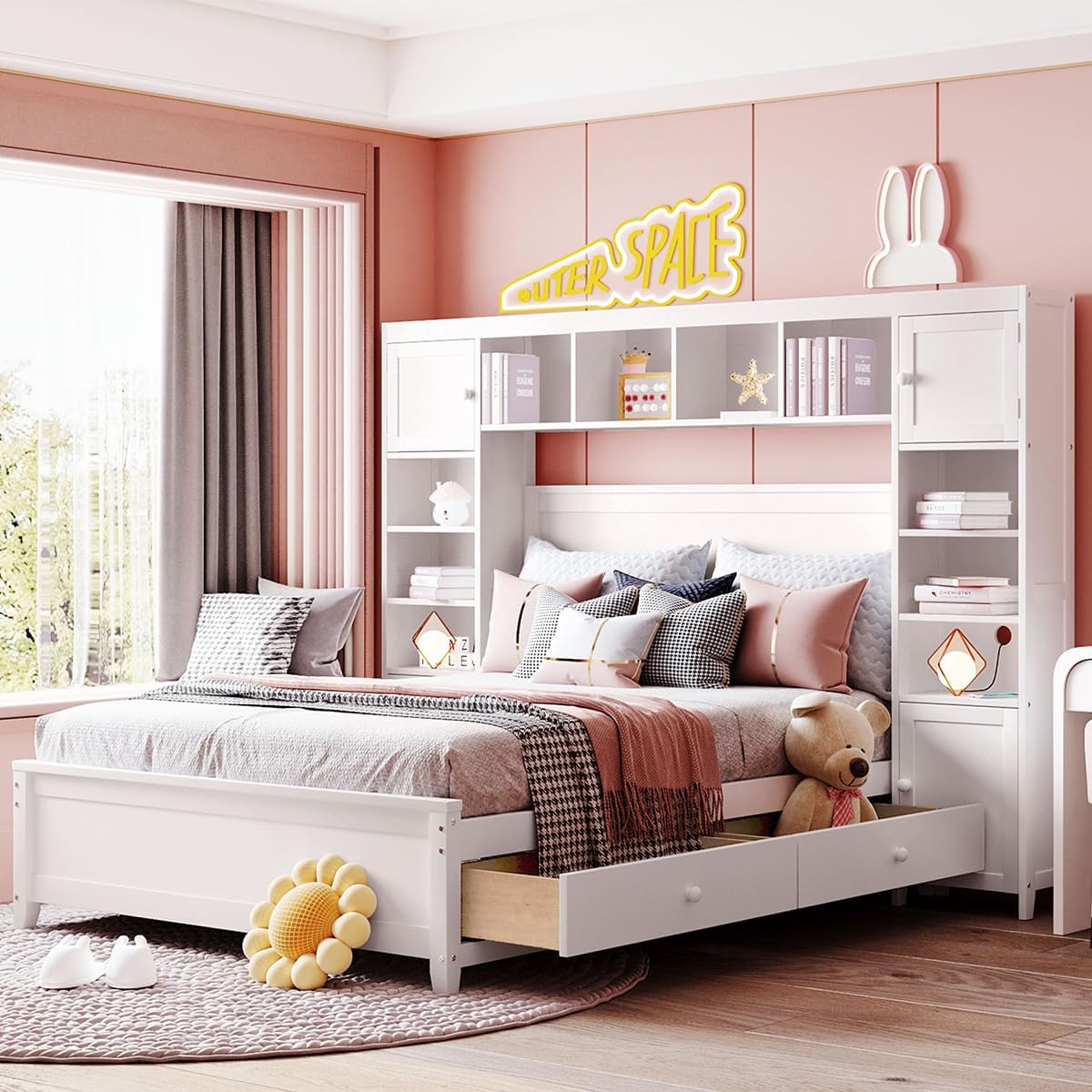 Harper & Bright Designs Full Size Platform Bed with Bookcase Headboard and 4 Storage Drawers, Solid Wood Bed Frame with Cabinet and Bookshelf, No Box Spring Needed - White
