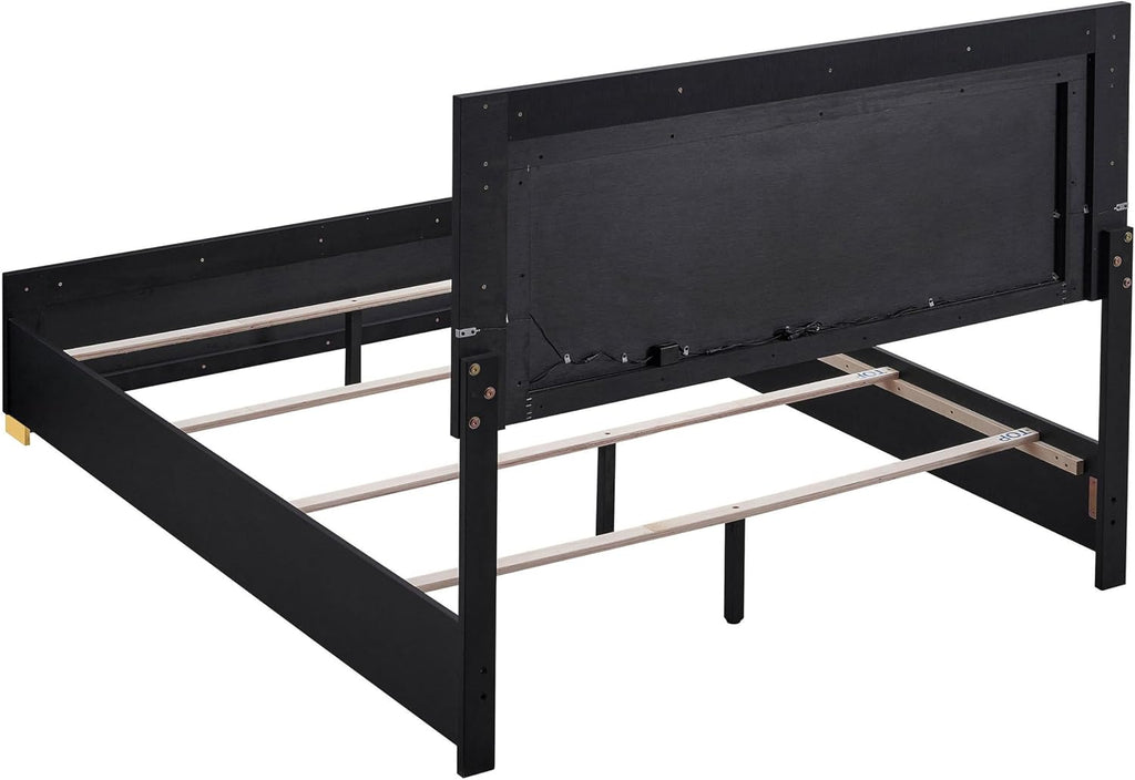 Benjara Dex 4 Piece Full Bedroom Set- Black/Gold Accents- LED Headboard