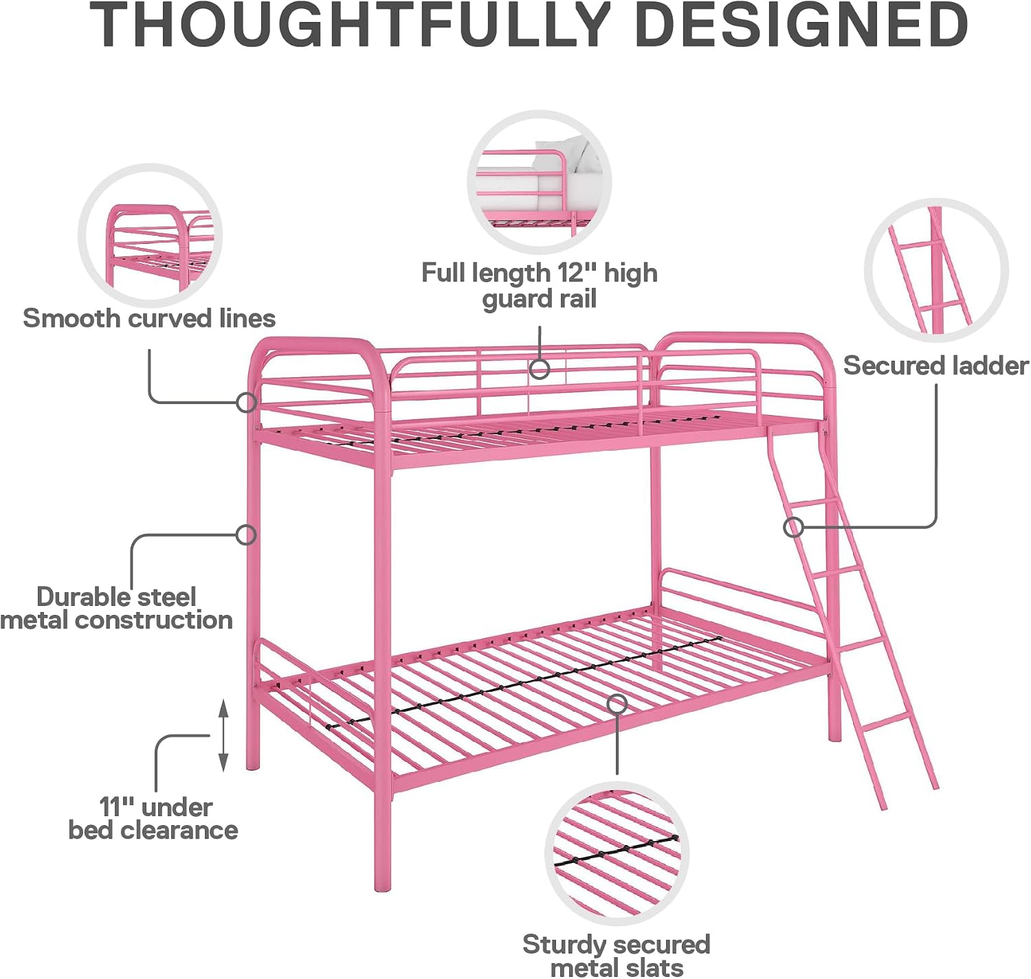 DHP Dusty Twin over Twin Metal Bunk Bed with Secured Ladder, Pink