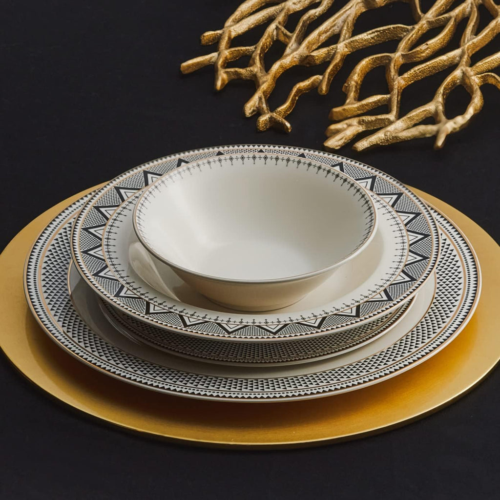 Karaca Globe 24-Piece Dinnerware Set for 6 People - Kitchen Dish Set for Salad, Soup, Pasta, Noodle & More - Modern Chic Porcelain Dishware Plate Set (White with Black Triangle Design)