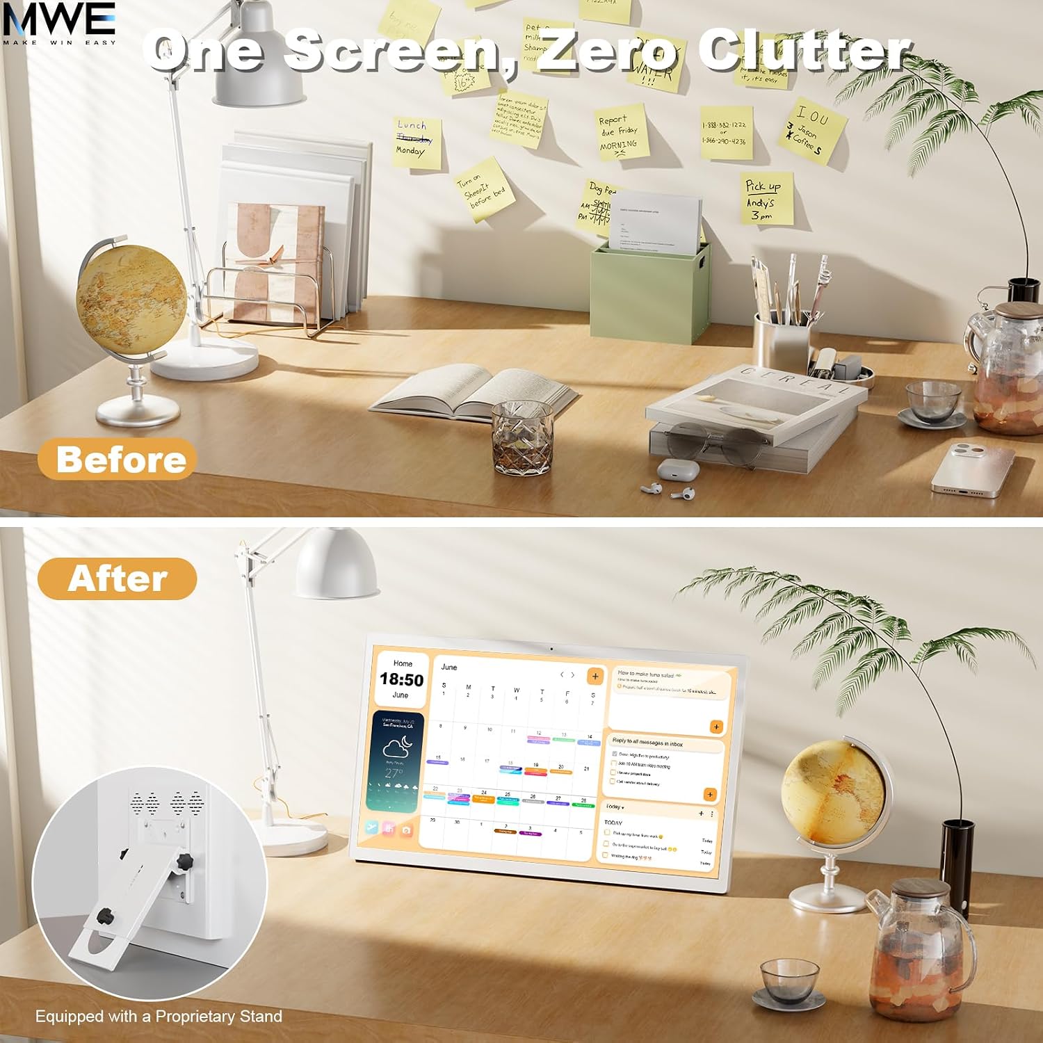 MWE 32 Inch Touchscreen Digital Calendar, Wall Planner, Desktop Smart Electronic Calendar, 8GB+128GB Android 13, Supports Google Play Apps, Office Desk Assistant & Family Schedules, Wall/Desk Stand