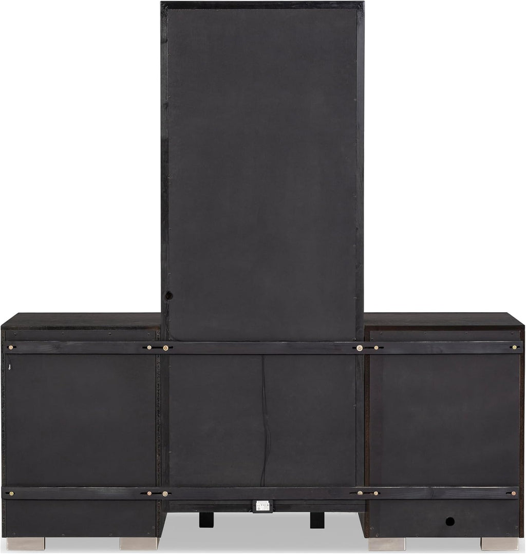 Furniture of America Lyle Modern Solid Wood 6-Drawer Makeup Vanity Set with Storage Stool and LED Full-Length Mirror, Wooden Dresser with USB Ports and Power Outlet for Bedroom, Guest Room, Black