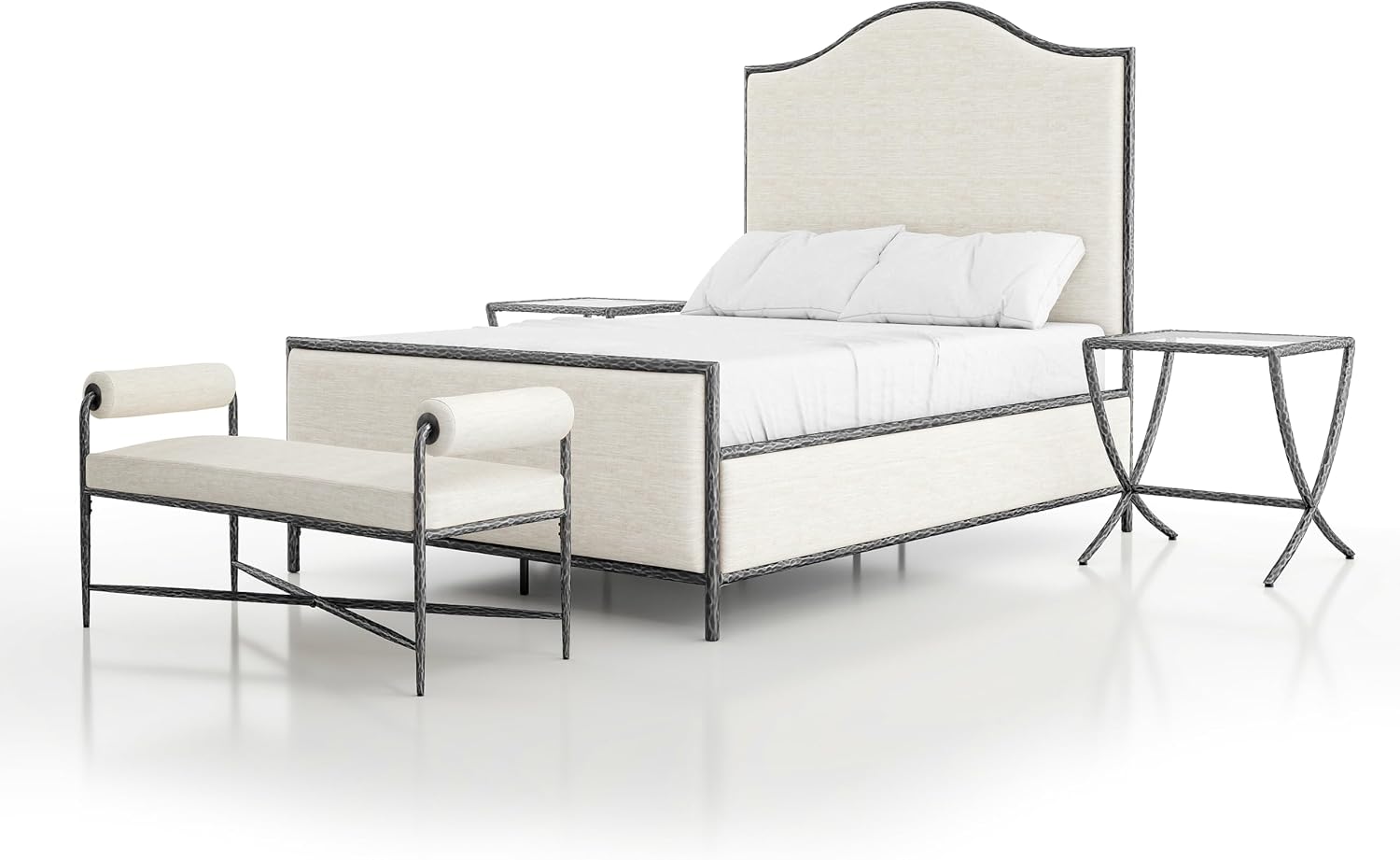24/7 Shop at Home Lalia Hammered Metal 4-Piece Bedroom Collection, Upholstered Bed Frame with Camelback Headboard, Forged Steel, Bench and Curved Nightstands, Foundation Required, Full, Matte Grey