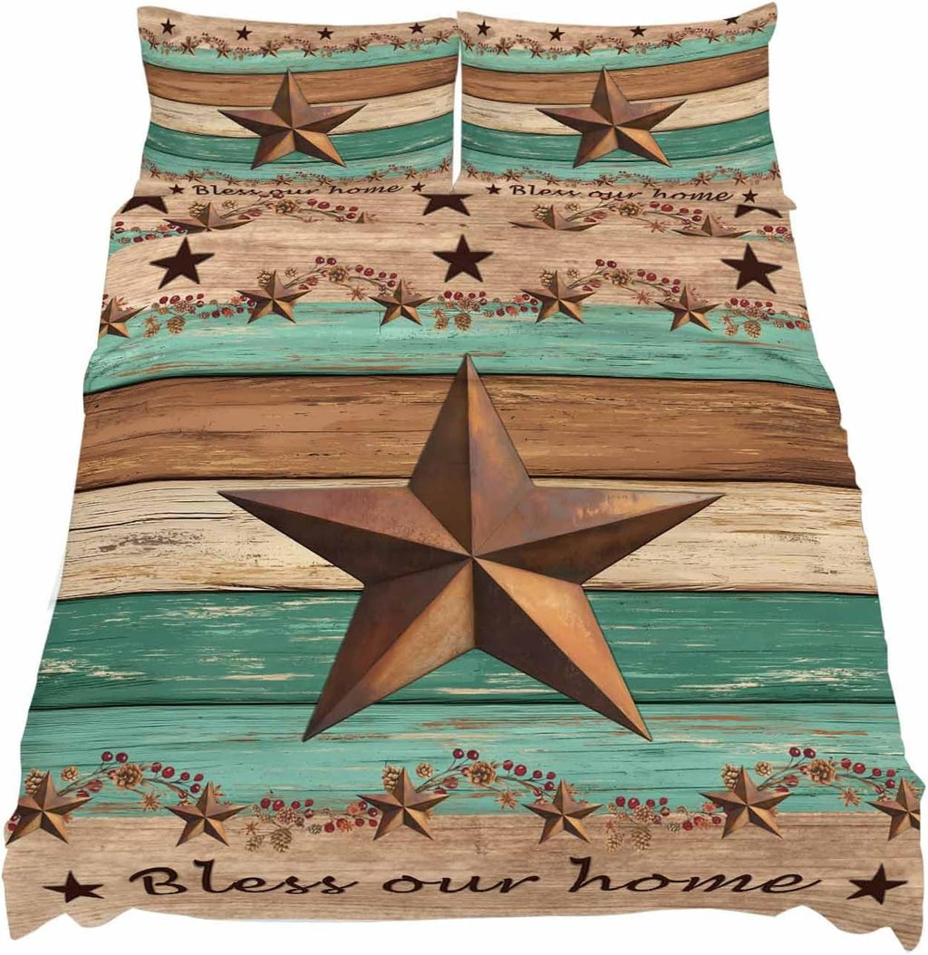 Western Texas Star Retro Cal King Sheet Set 4 Piece Bedding - Vintage Farmhouse Brown Teal Wooden Breathable Comfy Cooling Bed Sheets & Pillowcase Sets, Hotel Flat Sheets Deep Pockets Fitted Sheet