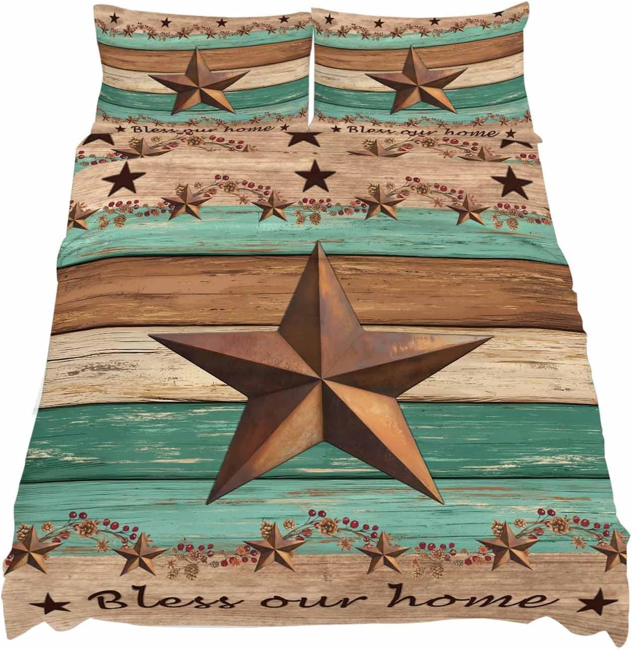 Western Texas Star Retro Cal King Sheet Set 4 Piece Bedding - Vintage Farmhouse Brown Teal Wooden Breathable Comfy Cooling Bed Sheets & Pillowcase Sets, Hotel Flat Sheets Deep Pockets Fitted Sheet
