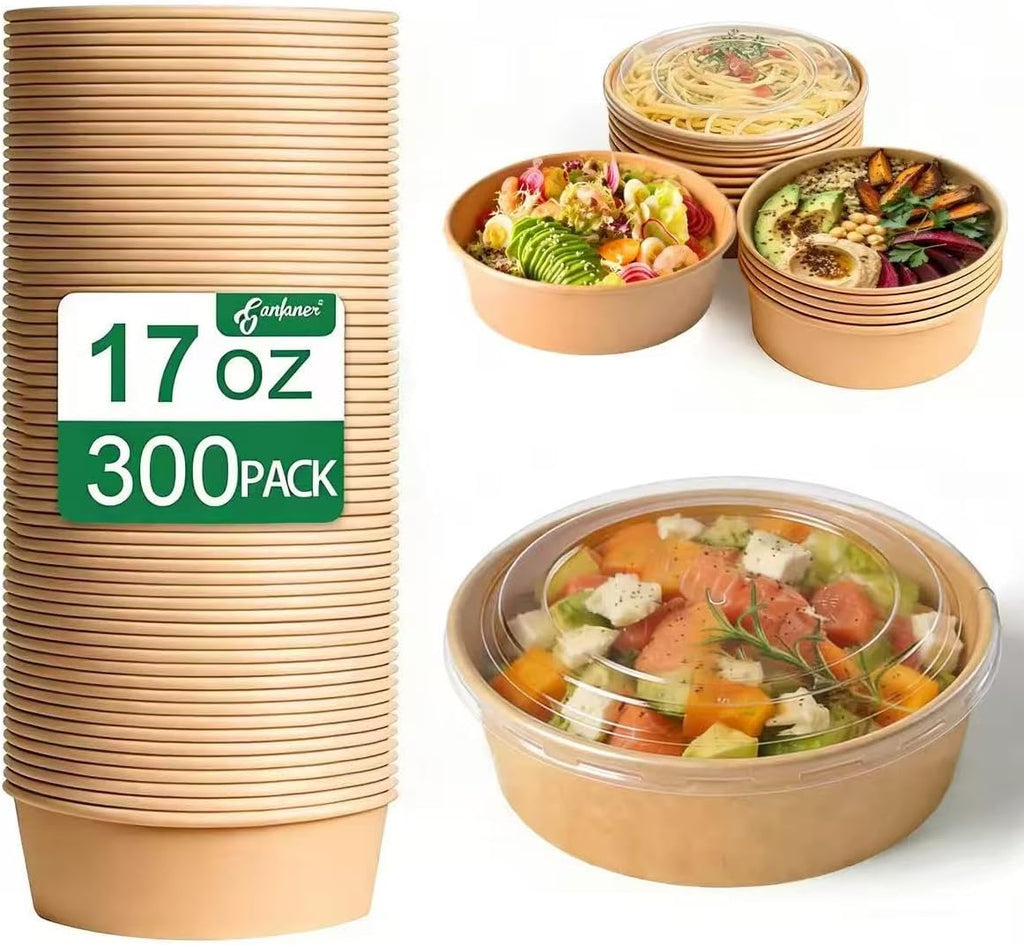 300 Pcs Disposable Round Paper Bowls with Lid 17 oz, Microwave Deli Containers Leakproof Acai Bowls, Salad Bowlwith Lid for Lunch, Disposable bowls with lids for Soup Toppings Snack Camping Family