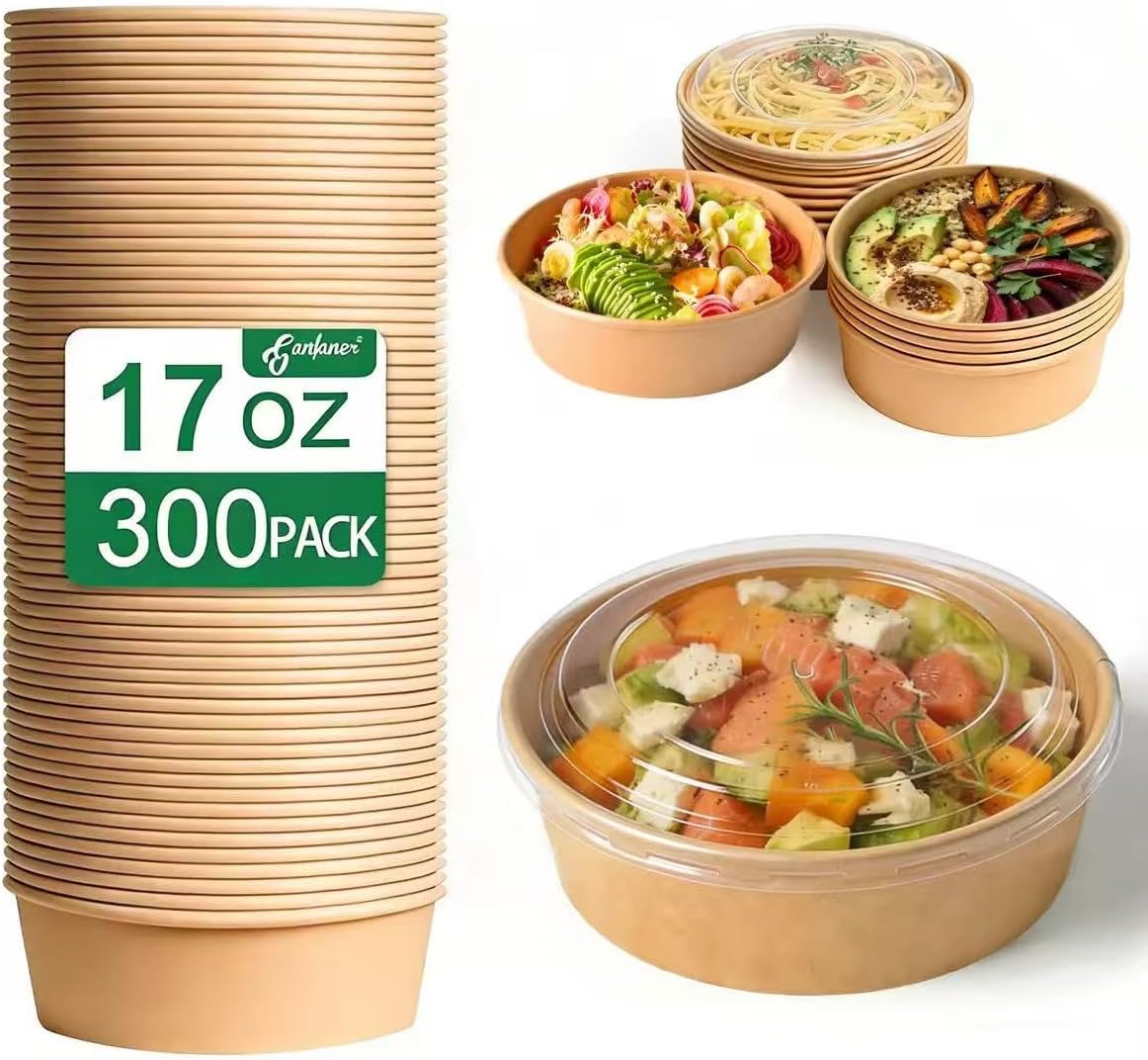 300 Pcs Disposable Round Paper Bowls with Lid 17 oz, Microwave Deli Containers Leakproof Acai Bowls, Salad Bowlwith Lid for Lunch, Disposable bowls with lids for Soup Toppings Snack Camping Family