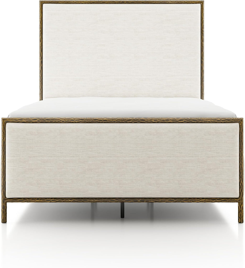 24/7 Shop at Home Lalia Hammered Metal 3-Piece Bedroom Collection, Upholstered Bed Frame with Beige Fabric Headboard, Forged Steel and 1-Shelf Nightstands, Foundation Required, Full, Matte Gold