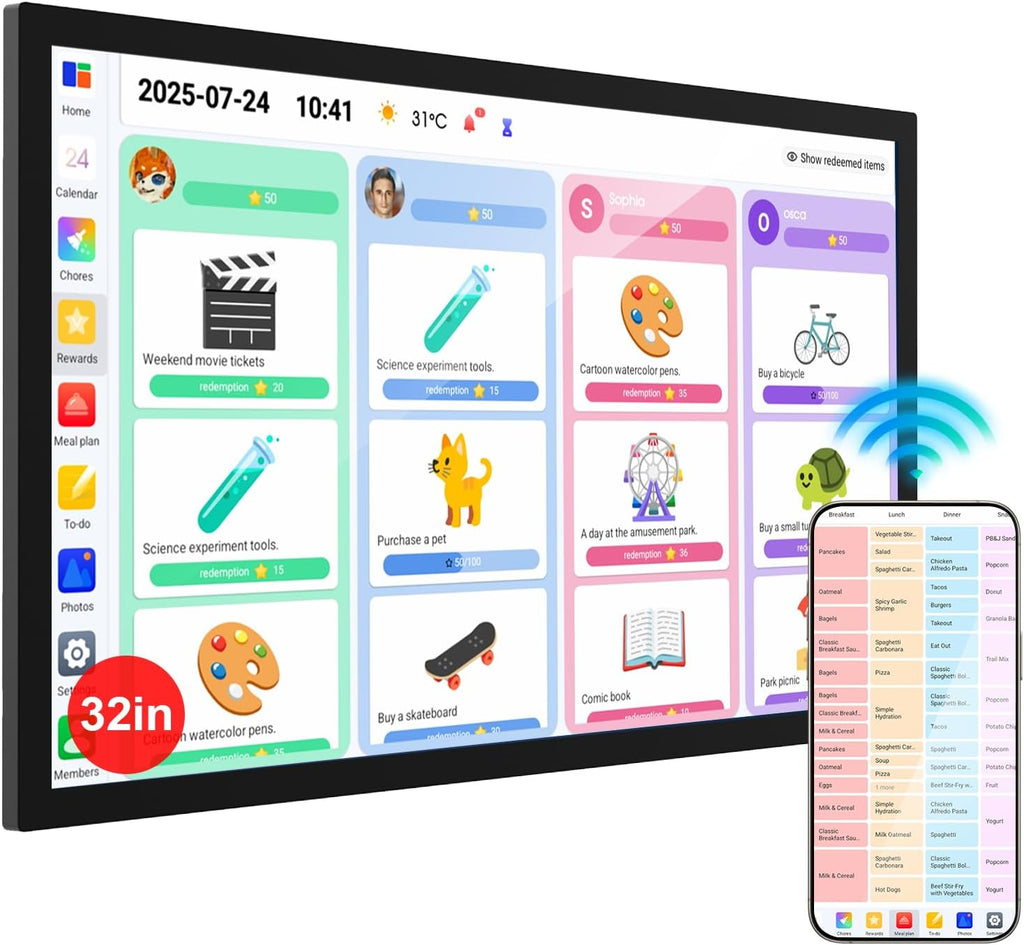 32' Smart Digital Calendar Wall Touch Screen, No Subscription Family Dashboard, IPS FHD Interactive Touchscreen Display, Digital Calendar- Chore Chart, Meal Planner, Support App Store Wall Mount