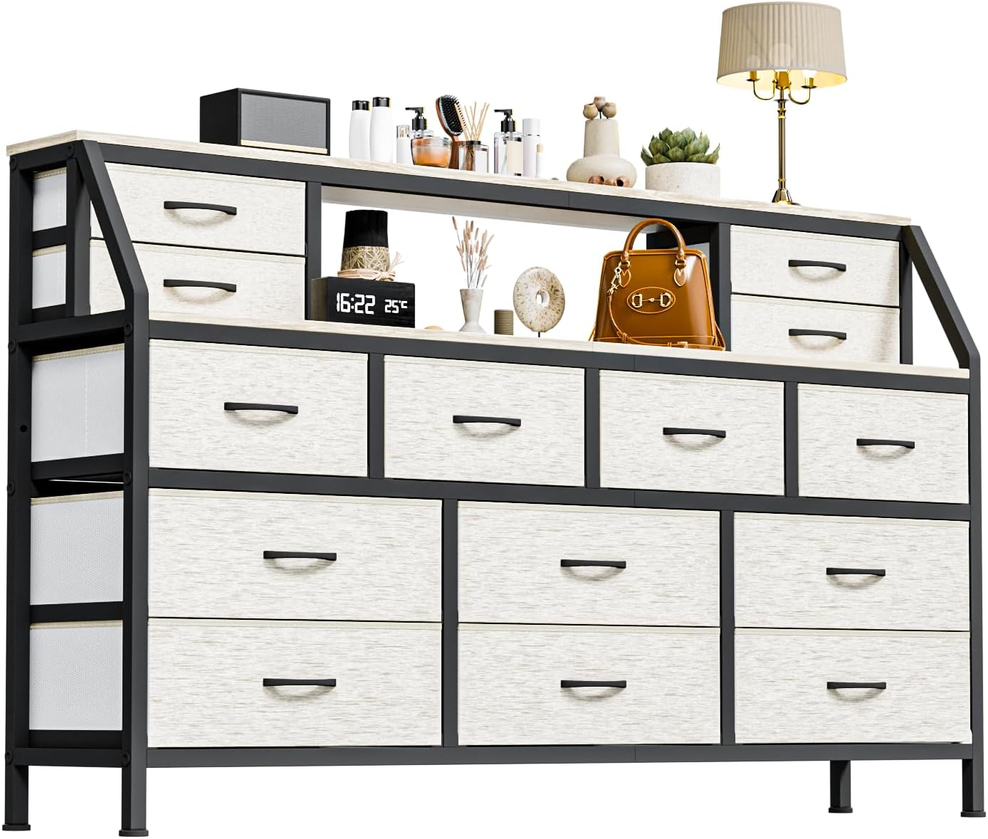 Dresser for Bedroom, 55' TV Stand with 14 Drawers, Long Dresser & Chests of Drawers with Shelves & Sturdy Metal Frame & Wood Top (Greige)