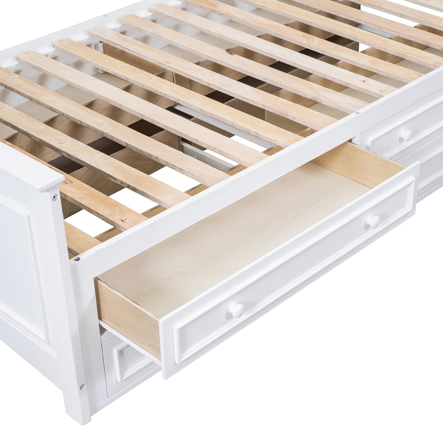 Twin Size Platform Bed with All-in-One Vertical Cabinet Bookcase, Solid Wood Captain's Bed Platform Bed Frame with 4 Drawers on Each Side, Storage Headboard (White-A)
