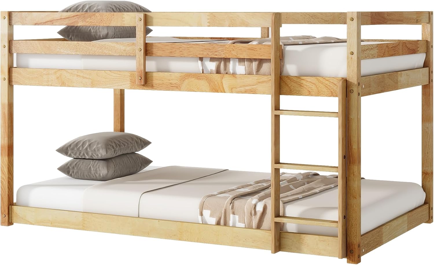 Ball & Cast Twin Over Twin Bunk Bed,Solid Rubber Wooden Low Floor Platform Bed with Ladder and Full Length Guardrail,Slat Support,Bedroom Furniture for Girls Boys,Natural