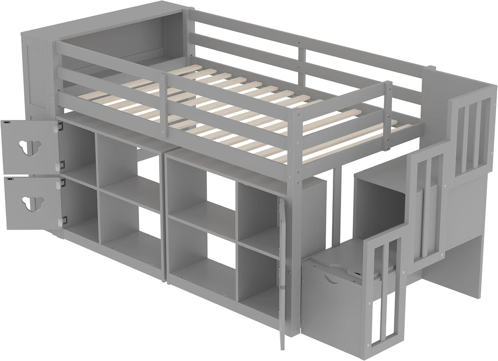 JIVOIT Twin Size Low Loft Bed with Open Shelves, Storage Cabinets, Storage Headboard and Stair, Full-Length Guardrails, No Box Spring Needed (Grey, 50)