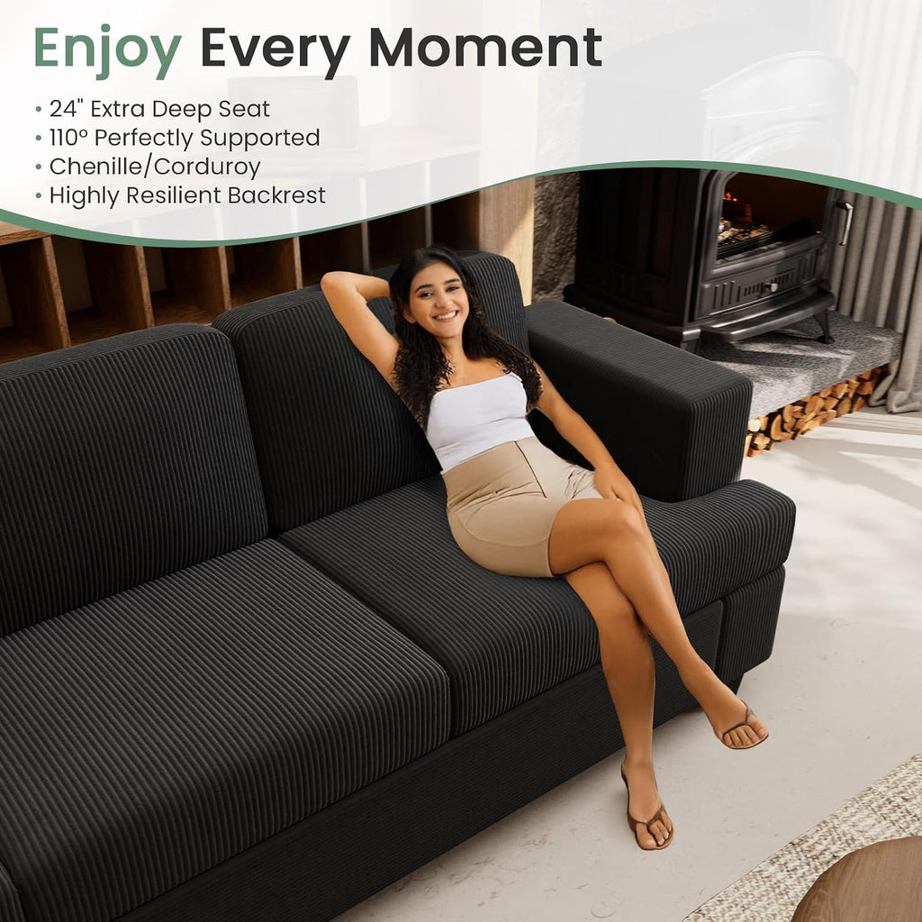 Fiona's magic 6 Seats Couch Set, 2 Piece Set Comfy Sofa, 3 Seater Sofa*2 with Deep Seats for Living Room, Modern Sleeper Couch, Black Corduroy