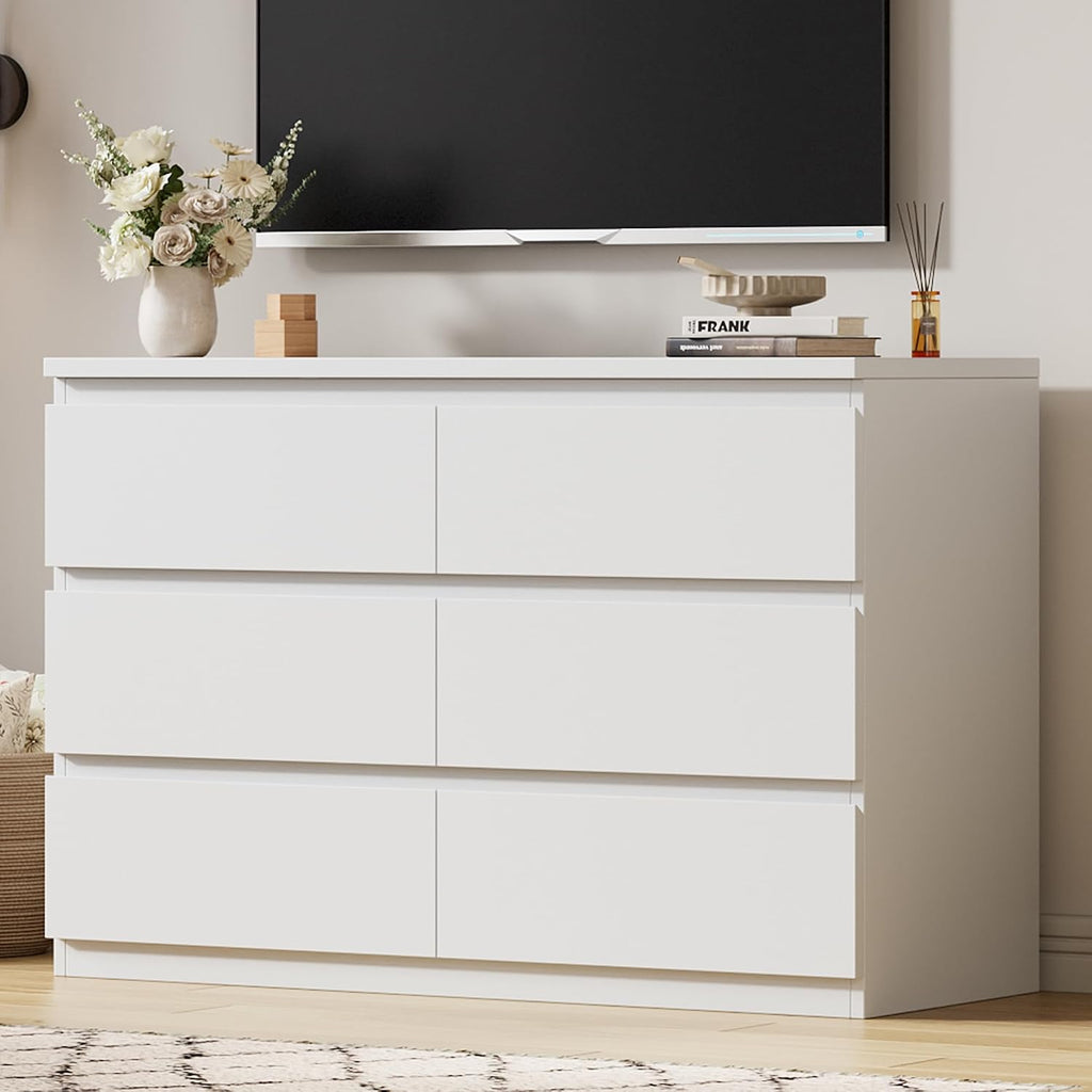 Jocoevol Modern 6 Drawer Dresser White Dresser for Bedroom, Simply Chest of Drawers, Wood Storage Dresser with Deep Drawers for Living Room Hallway Entryway, White