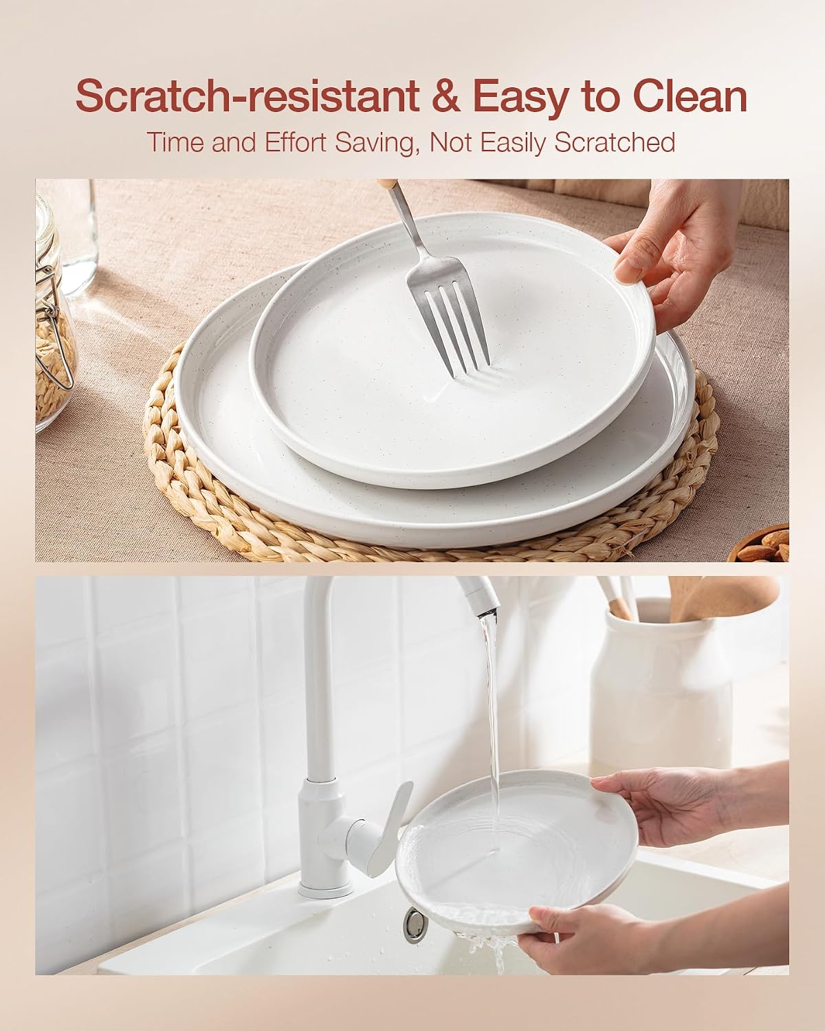 Famiware Milkyway Stoneware Dinnerware Sets with Pasta Bowls, Service for 4 (16 Pieces), Plates and Bowls Sets -Scratch Resistant, Microwave and Dishwasher Safe Dishes Set, White
