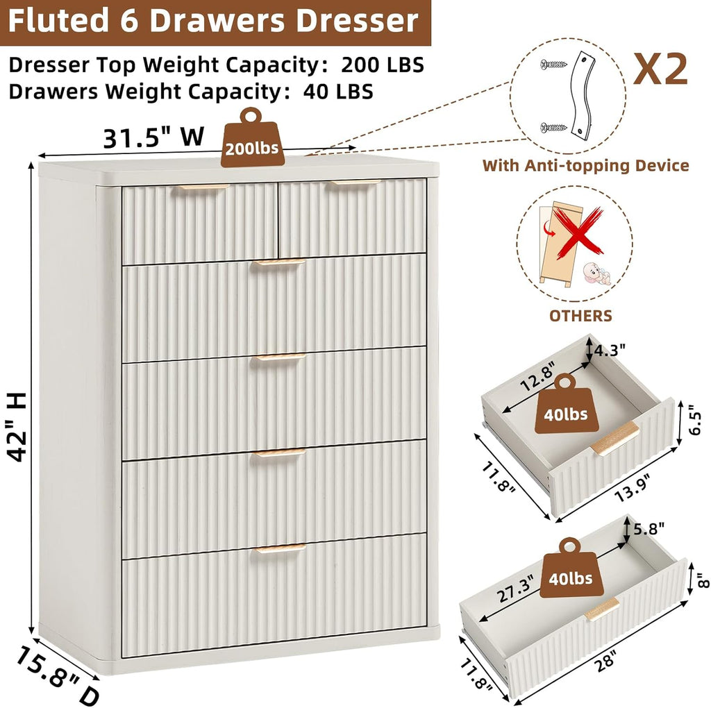 LEYAOYAO Fluted 6 Drawers Dresser for Bedroom Set of 2, 42' Tall Modern Chest of Drawers with Metal Handle, Curved Profile Design,Wood Drawer Organizer for Bedroom, Living Room,Antique White