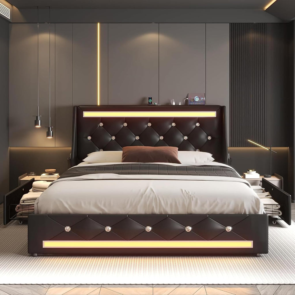 Full Bed Frame with Storage Drawers and LED Lights/Charging Station, Modern Diamond Upholstered Platform Bed with Wingback Headboard, Wooden Slats Support, No Box Spring Needed (Black, Full)