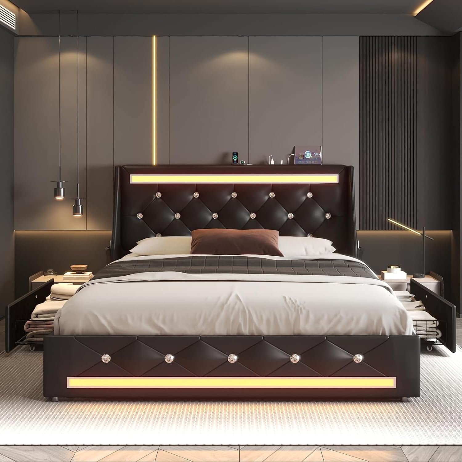 Queen Bed Frame with Storage Drawers and LED Lights/Charging Station, Modern Diamond Upholstered Platform Bed with Wingback Headboard, Wooden Slats Support, No Box Spring Needed (Black, Queen)