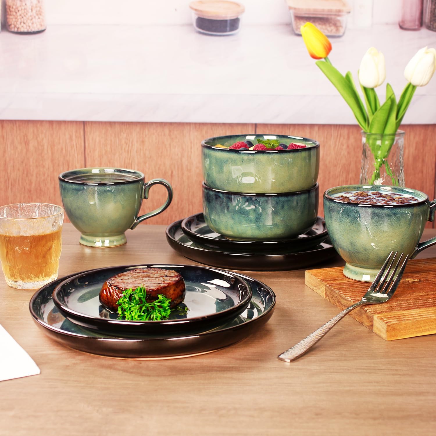 Ceramic Dinnerware (16 pcs) Serve 4 people, Plates and Bowls Sets,Handmade Reactive Glaze Dishes Set,Chip Resistant and Scratch Resistant,Dishwasher, Microwave Safe