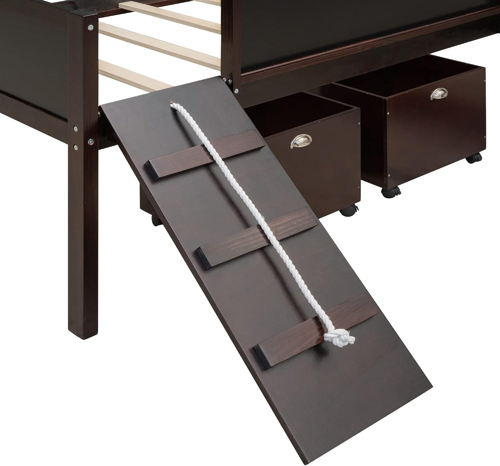 JIVOIT Twin Size Low Loft Bed with Climbing Frame & Rope, Wood Loft Bed Frame with Two Storage Boxes, Slide and Double-Sided Chalkboard, Pine Wood Bed Frame for Kids Teens (Espresso+Rope)