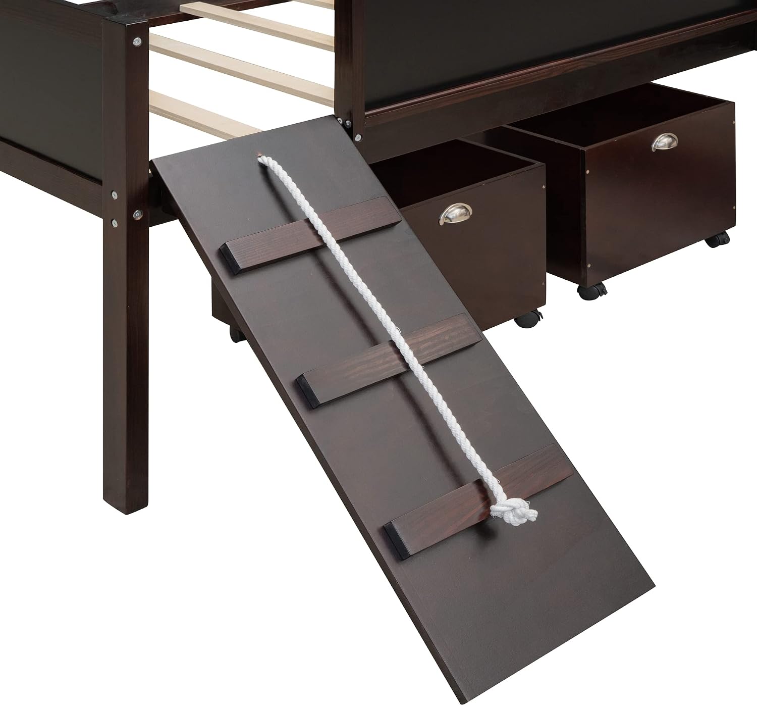 JIVOIT Twin Size Low Loft Bed with Climbing Frame & Rope, Wood Loft Bed Frame with Two Storage Boxes, Slide and Double-Sided Chalkboard, Pine Wood Bed Frame for Kids Teens (Espresso+Rope)