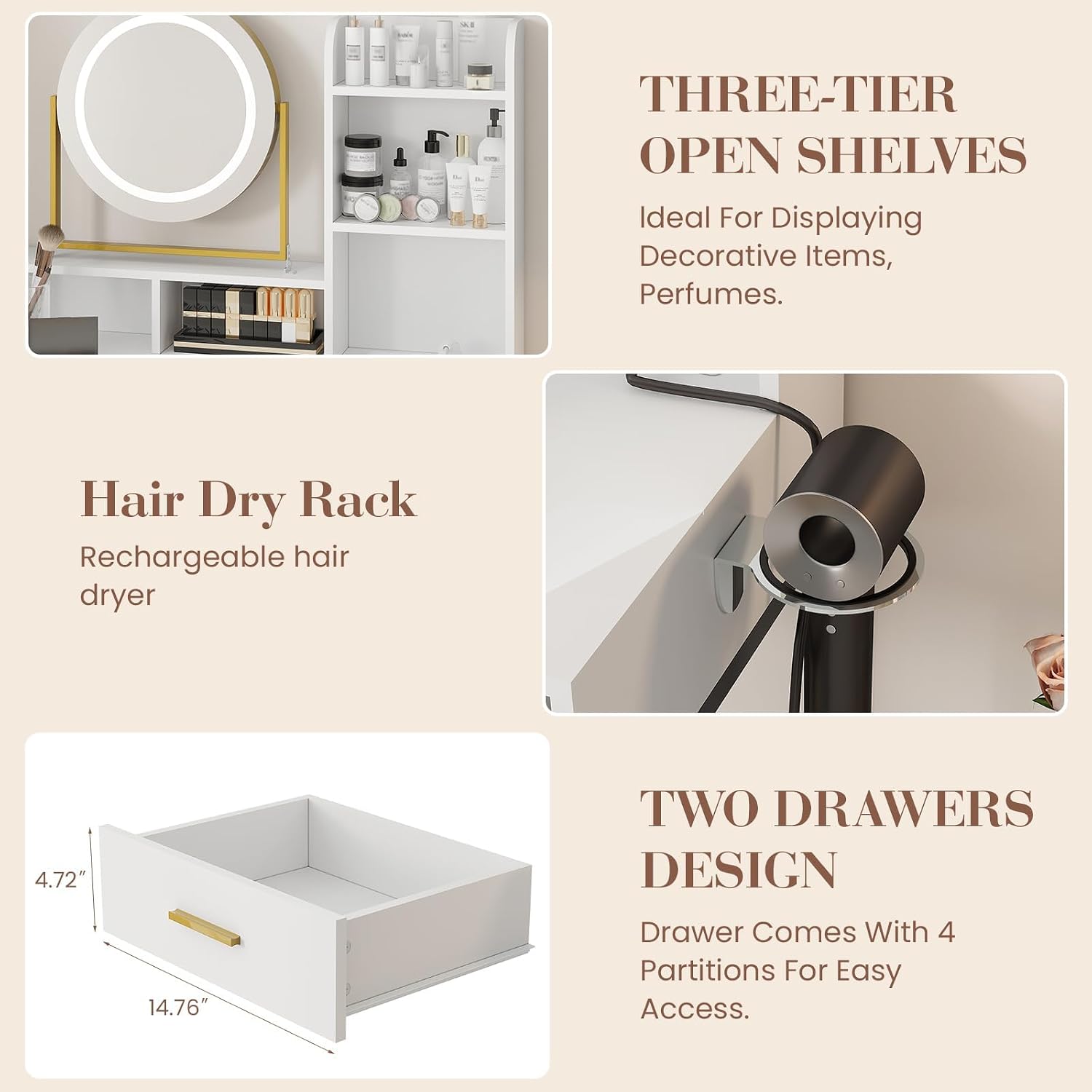 Vanity Desk with Mirror and Light, Makeup Vanity Desk with Rotating Mirror, 3 Colors Adjustable Light, Wood Vanity with 2 Drawers, Stool, Power Outlet, Vanity Set for Bedroom/Dressing Room, Gold
