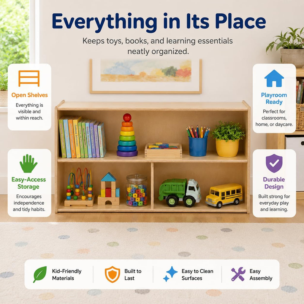 2-Shelf Kids Bookshelf & Toy Storage Organizer | 3-Section Montessori Shelves for Home & Classroom Organization & Storage