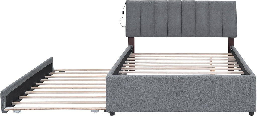 Teddy Fleece Full Size Upholstered Platform Bed Frame for Boys Girls Kids Adults Toddler with Trundle, Gray