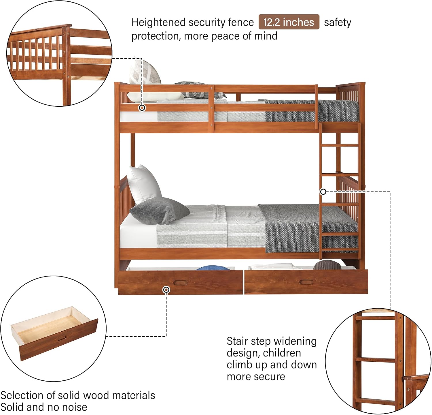 Merax Full Over Full Size Wood Bunk Bed with Drawers,Convertible Bunk Bed with Ladders and Two Storage Drawers,Solid Wood Detachable Bed Frame with Ladders, Walnut