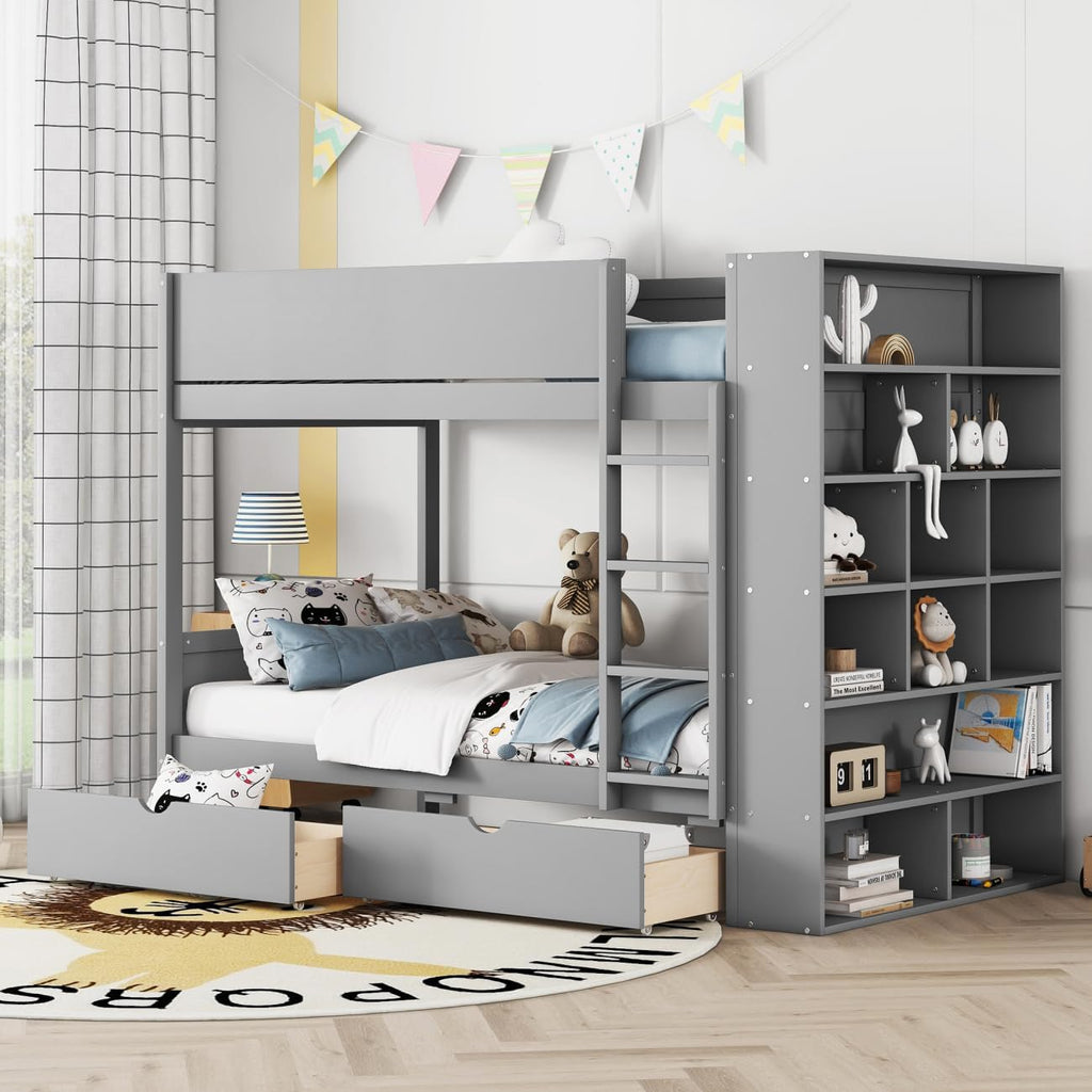 Twin Over Twin Bunk Bed with Bookcase and Drawers,Wooden All-in-one Furniture Set with Multi-Layer Cabinet for Kids Girls Boys-Gray