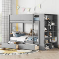 Twin Over Twin Bunk Bed with Bookcase and Drawers,Wooden All-in-one Furniture Set with Multi-Layer Cabinet for Kids Girls Boys-Gray