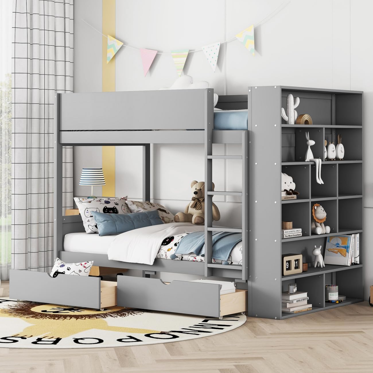 Twin Over Twin Bunk Bed with Bookcase and Drawers,Wooden All-in-one Furniture Set with Multi-Layer Cabinet for Kids Girls Boys-Gray