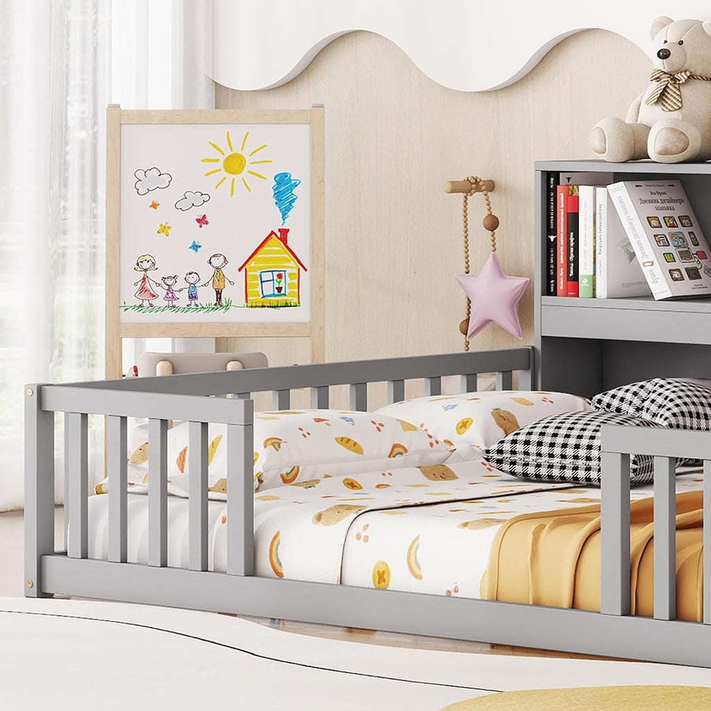 Bellemave Kids Montessori Floor Bed,Full Size Floor Bed with Bookcase and Shelves,Full Bed Frame with Guardrails for Kids,Girls,Boys,Full,Gray