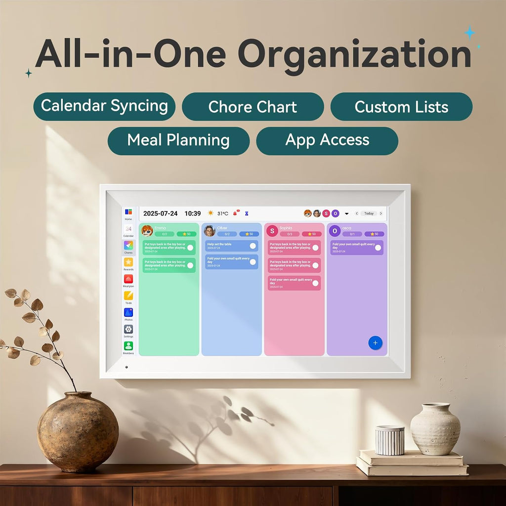 15.6-Inch Smart Digital Calendar & Chore Chart, 1080P Touchscreen Family Planner with Meal Planner & Reward System, Desk & Wall Mountable (White)