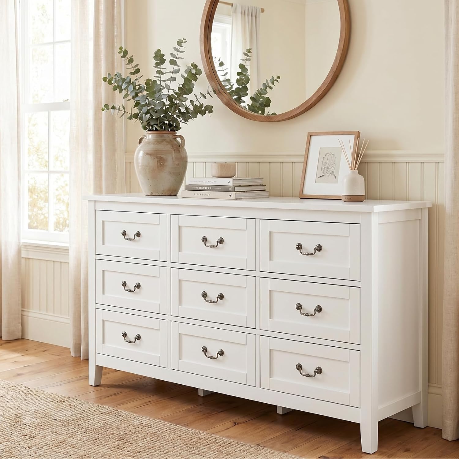 Loomie Upgraded 9-Drawer Dresser for Bedroom, 63' Wide Dresser TV Stand for TVs up to 75', Farmhouse Long Storage Wooden Dressers Organizer, Large Chest of Drawers with Vintage Pull for Closet, White