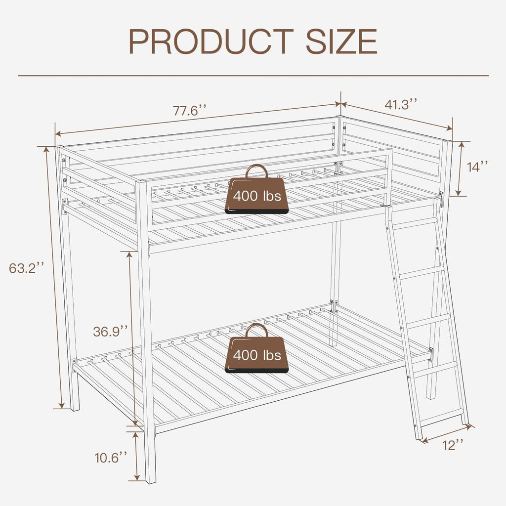 ikalido Metal Loft Bunk Bed Twin Over Twin Size with Safety Guardrail and Ladder, No Box Spring Needed Space Saving Bedroom Furniture, Cream White