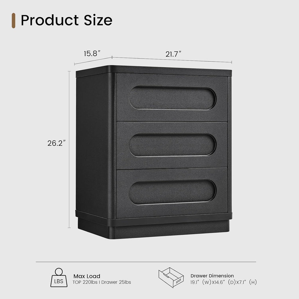 26.2' Tall Nightstand Set of 2, 21.7' W Night Stand with 3 Storage Drawers, Wood Beside Table, Rounded Corner Design for Bedroom (Black)