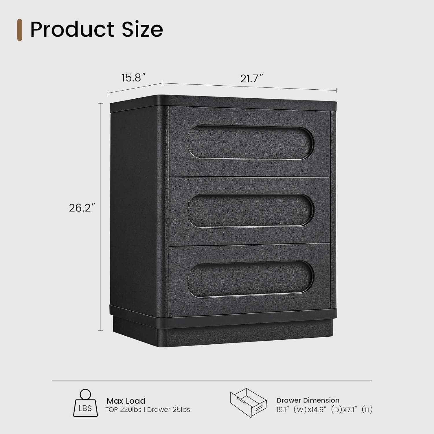 26.2' Tall Nightstand Set of 2, 21.7' W Night Stand with 3 Storage Drawers, Wood Beside Table, Rounded Corner Design for Bedroom (Black)