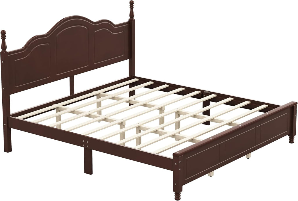 JIVOIT Wood King Bed Frame with Headboard and Footboard, Retro Style Platform Bed with Wooden Slat Support, Solid Wood Foundation, King Size Wooden Bed Frame (Dark Walnut,King Bed, 1)