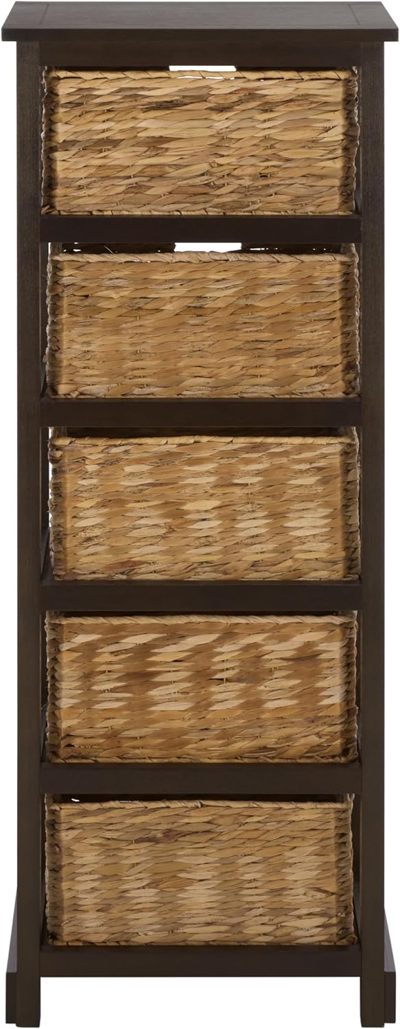 SAFAVIEH Furniture - Vedette 5-Basket Storage Tower - Dark Chocolate - Solid Wood - Coastal Basket Tower Design - Ideal for Entryway, Living Room, 17.5'W x 13.5'D x 46'H - Fully Assembled (AMH5739F)