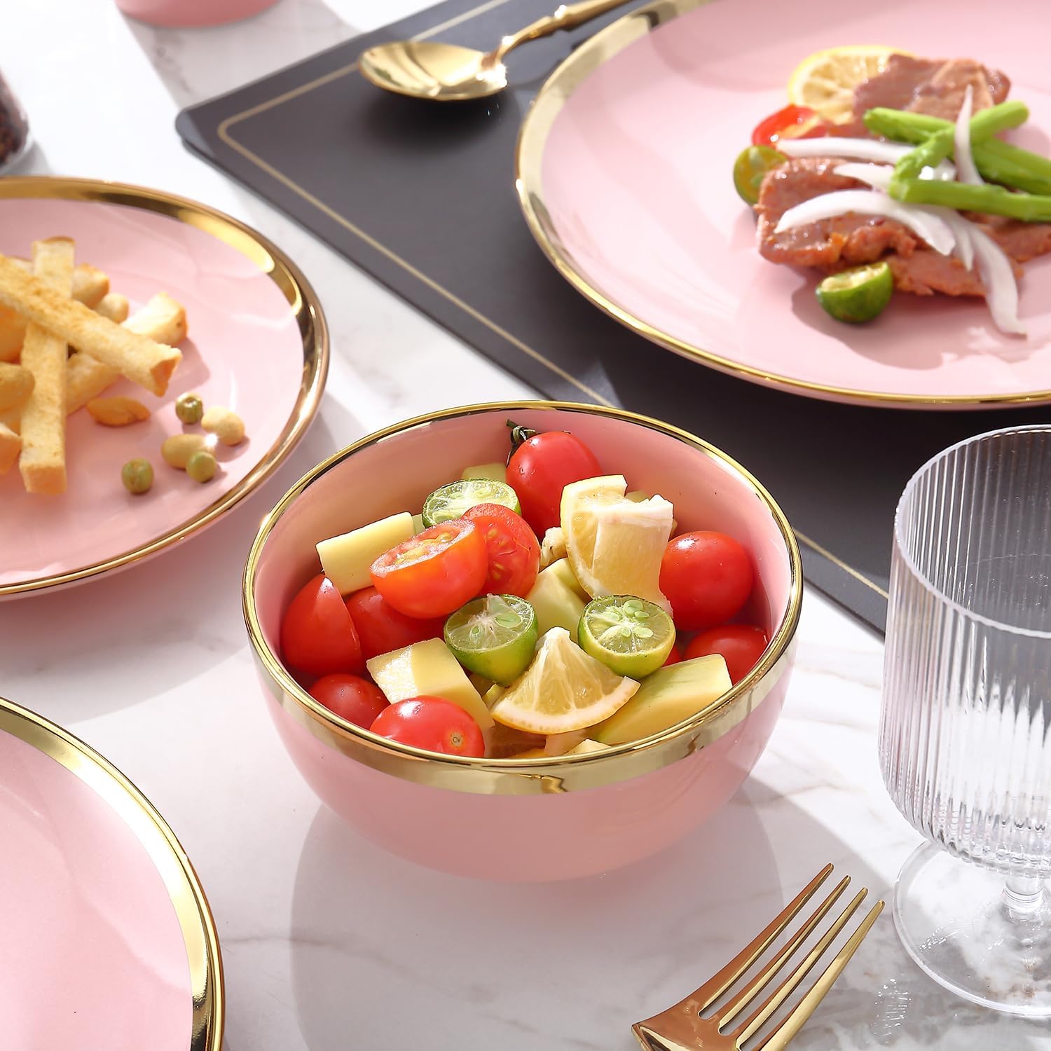 Modern Porcelain 16 Piece Pink Dinnerware Set, Stoneware Dinnerware Sets for 4,Plates and Bowls Sets, Dinnerware with Gold Trim, Gold Dish Set,Pink and Golden Rim.