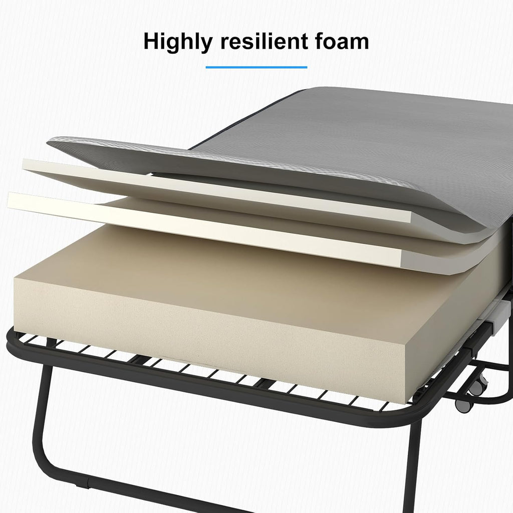 PUREMIND Folding Bed with Mattress for Adults, Portable Rollaway Guest Beds with 5' Memory Foam Mattress & Metal Frame, Twin Size Foldable Beds Fold Away Bed Space Saving