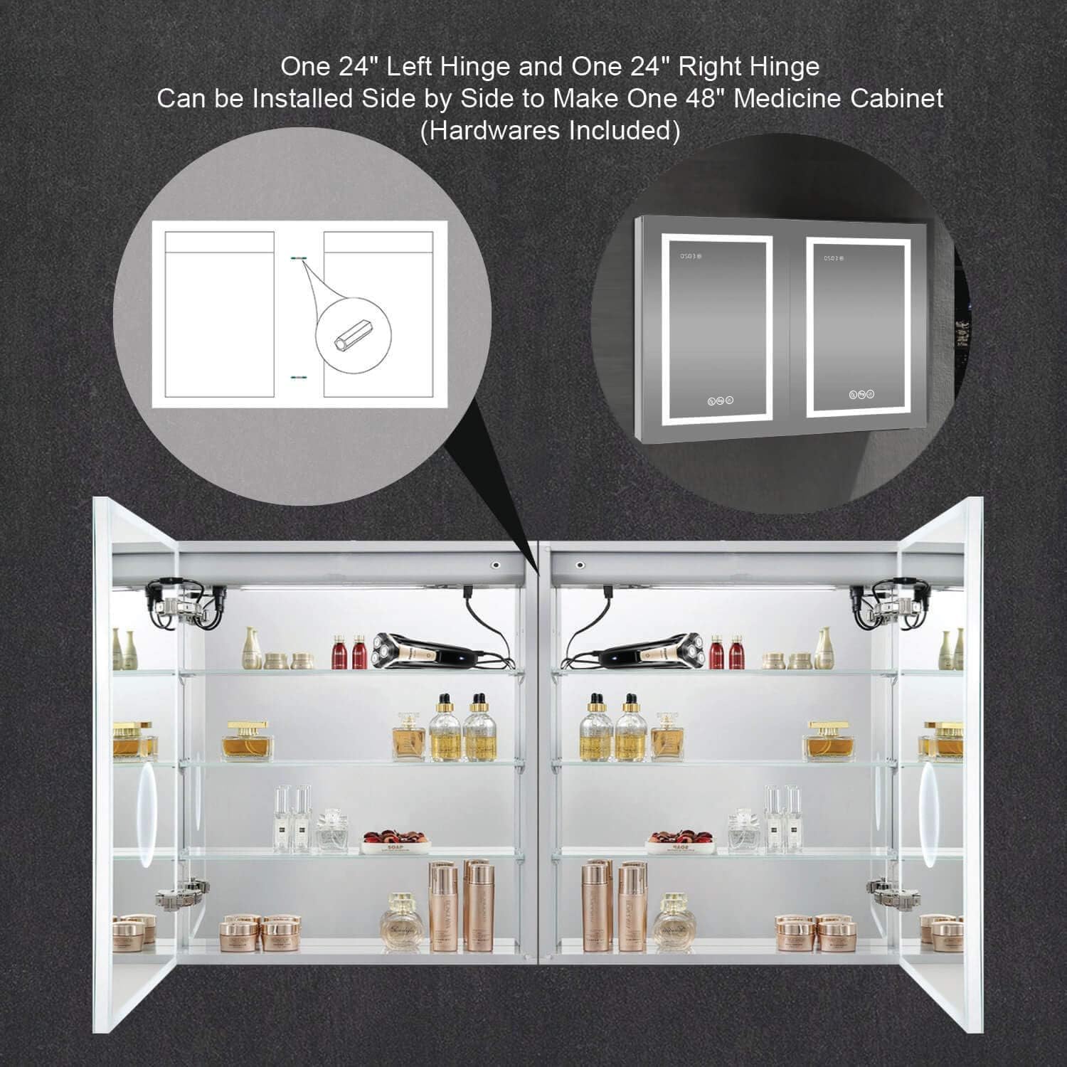 Blossom LED Medicine Cabinet with Mirror, 24x32 in, Lighted Bathroom Mirror Medicine Cabinet, Defogger, Recessed/Surface 3X Makeup Mirror, Adjustable Brightness, Outlets & USB, A2(M)-24-Right Hinge