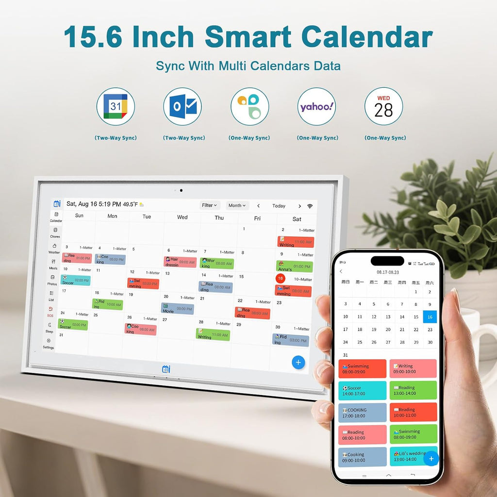 15.6 'Digital Calendar & Chore Chart, For Family Scheduling, Meal Planning, Task Rewards, Video Call，Online Sync With Mobile App, 32G Memory Smart Digital Photo Frame, Desktop Stand And Wall-Mounted