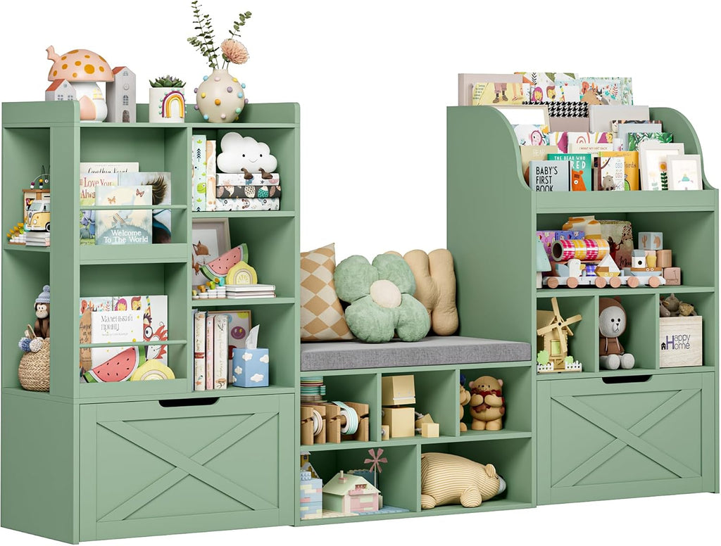 FINETONES 75' W Kids Bookshelf with Reading Nook, Large Toy Storage Toy Organizer with Seat Cushion and 2 Movable Drawers, Kids Reading Nook Kid Bench for Playroom Living Room, Green