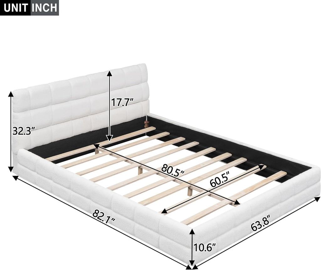 Queen Size Upholstered Platform Bed, Velvet headboard,Wood Slat Support, No Box Spring Needed,Easy Assembly,Bedroom Set (A+White)