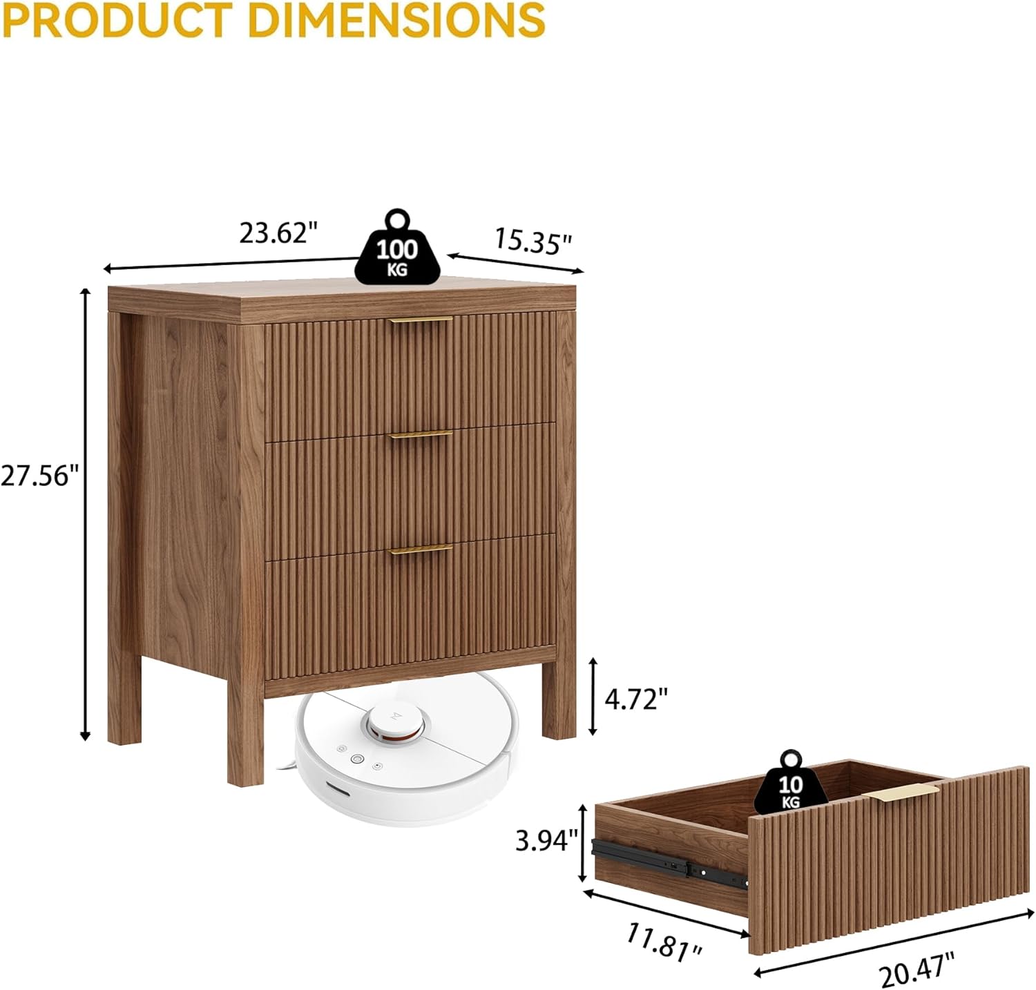 Nightstand with 3 Drawers, Dresser and Nightstand Sets, Bedside Tables, Mid Century Nightstands with 3 Wide Drawers for Bedroom, Kids' Room, Hallway - Walnut
