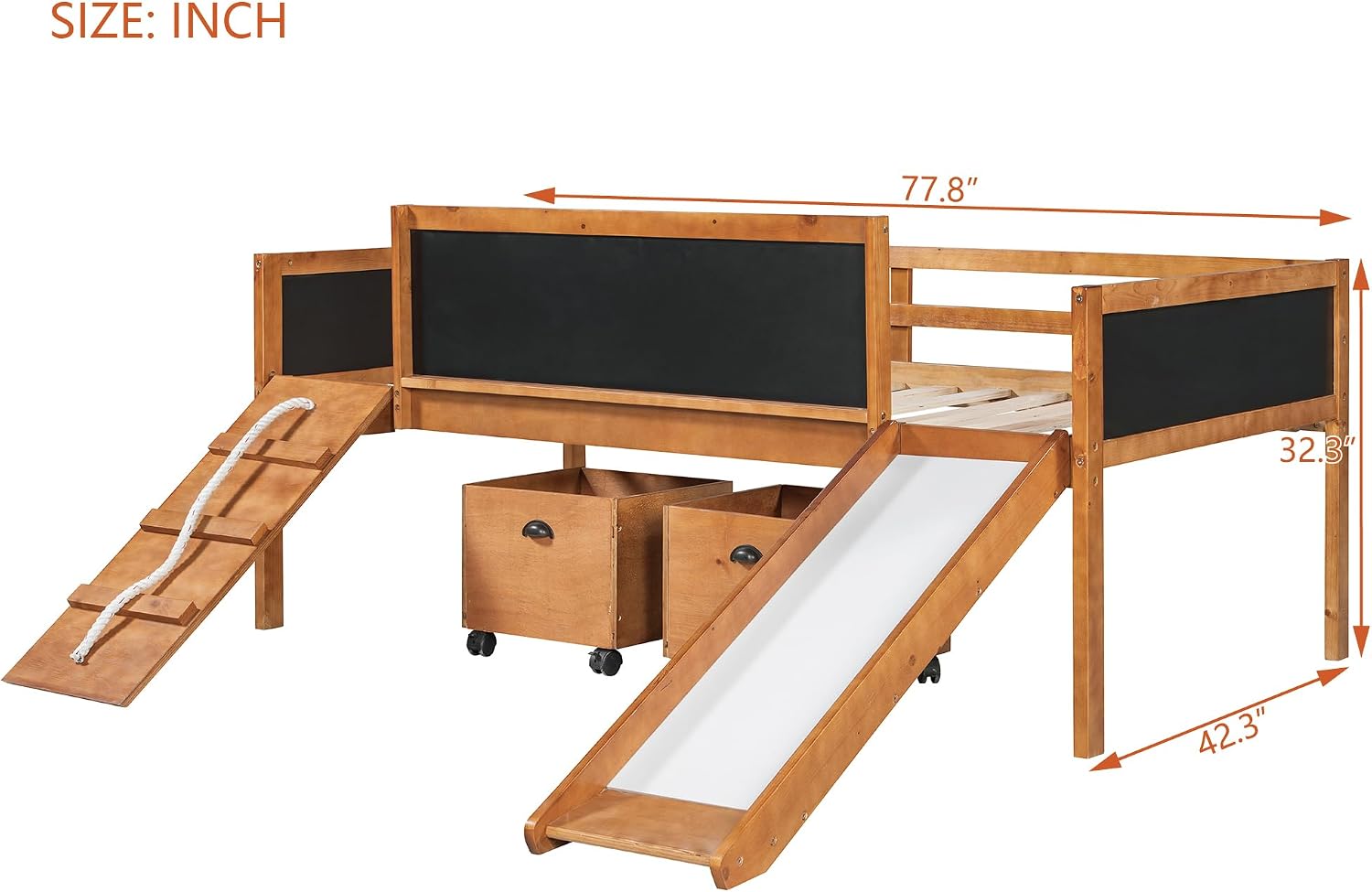 JIVOIT Twin Size Low Loft Bed with Climbing Frame & Rope, Wood Loft Bed Frame with Two Storage Boxes, Slide and Double-Sided Chalkboard, Pine Wood Bed Frame for Teens (Natrual+Rope)