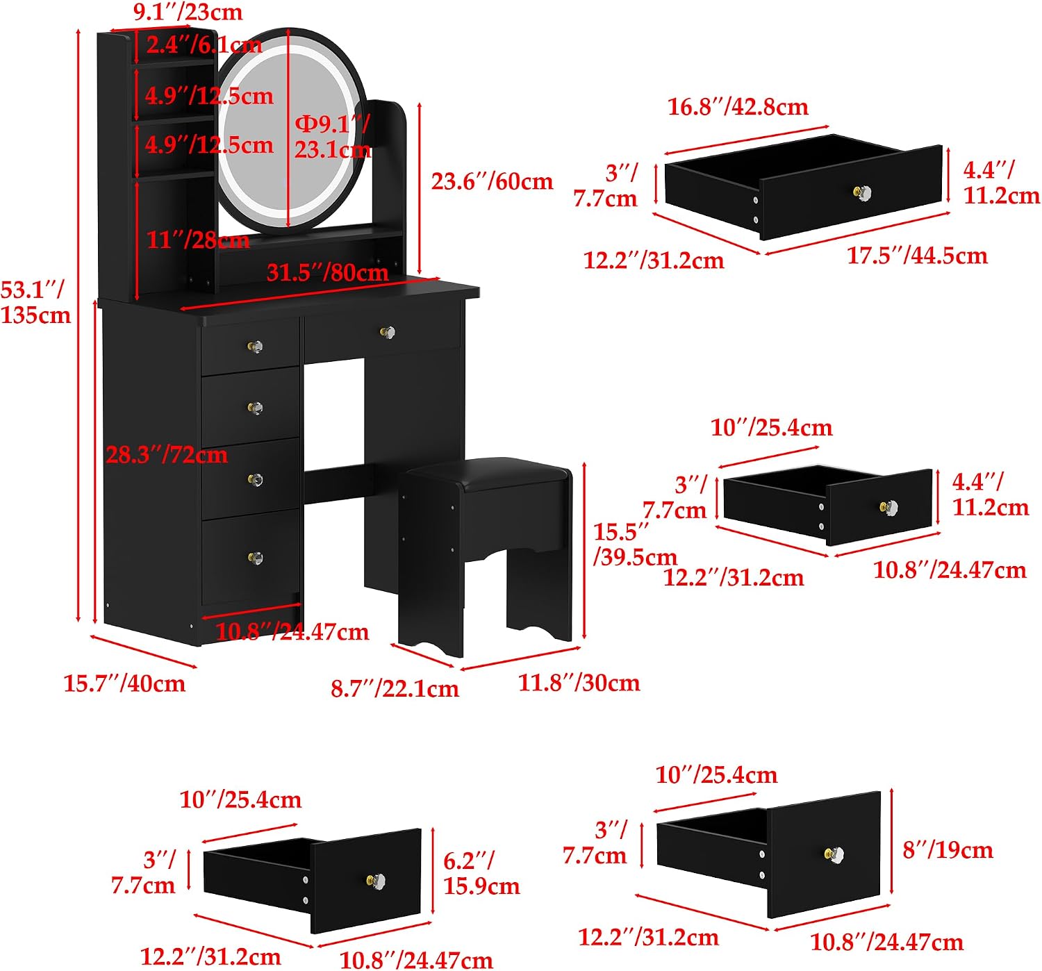 Vanity Desk Set with Lighted Mirror, Makeup Vanity with 5 Drawer & Shelf, Dressing Table with Touch Screen Light & Jewelry Organizer for Bedroom, Black (Lighted Mirror)